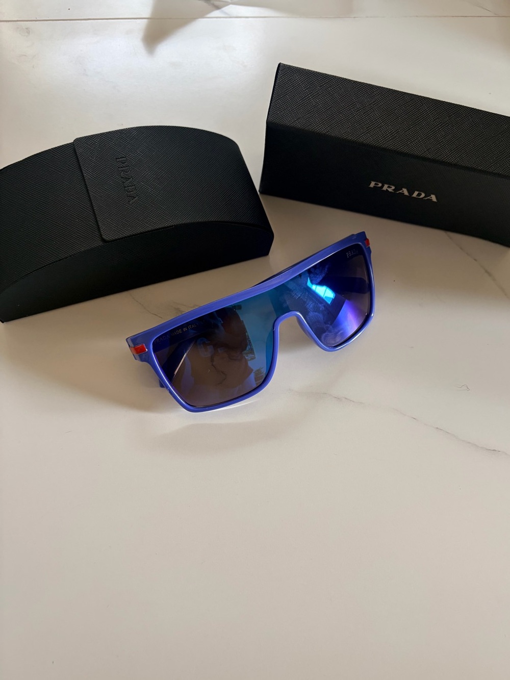 Prada Ultra-Lightweight Blue Shield Sunglasses with Blue Mirrored Lenses